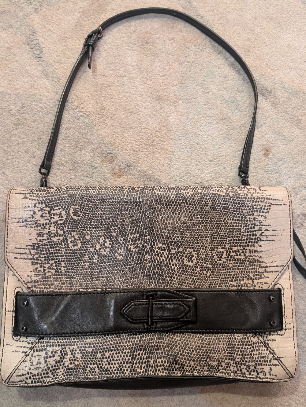 Derek Lam 10 Crosby Black Snakeskin Print Leather Folio Shoulder Bag